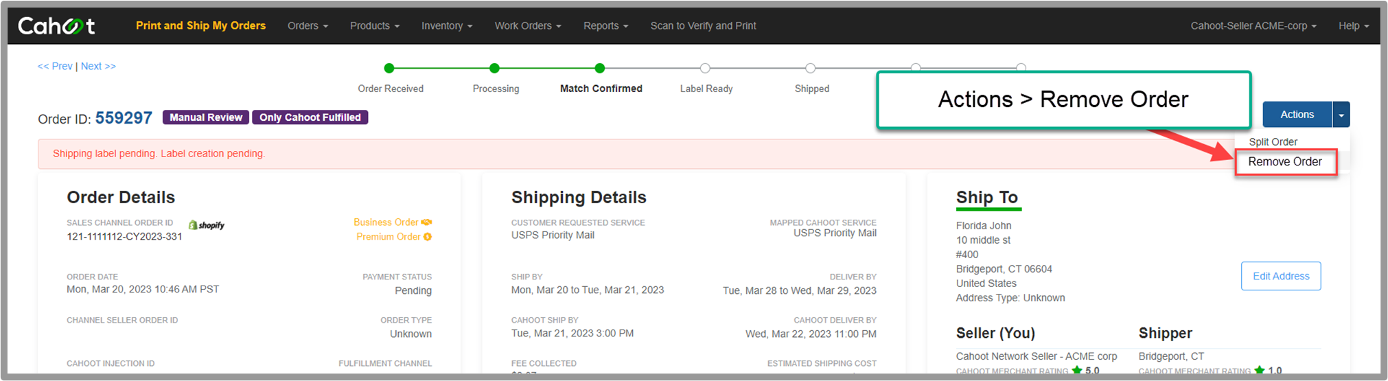 Remove Order button location in the Actions dropdown