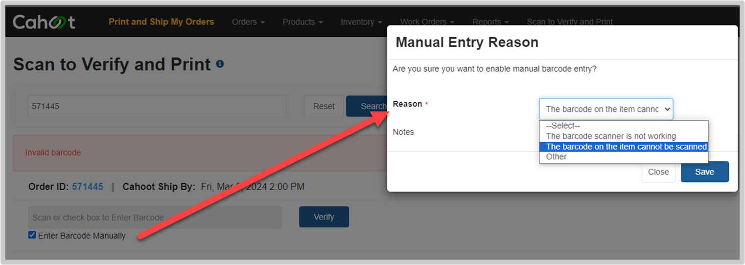 Manual barcode entry