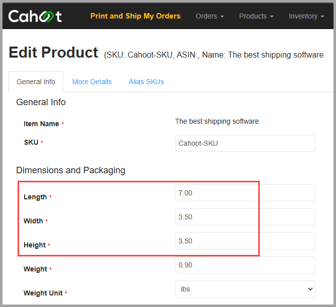Product dimensions configuration