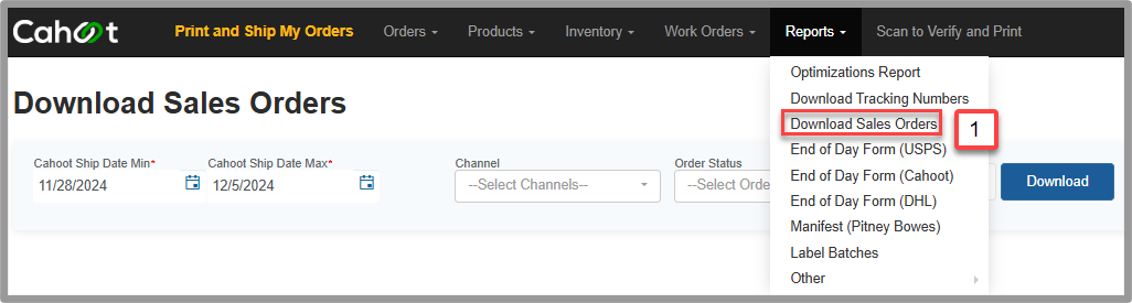 Navigate to Reports Download Sales Orders