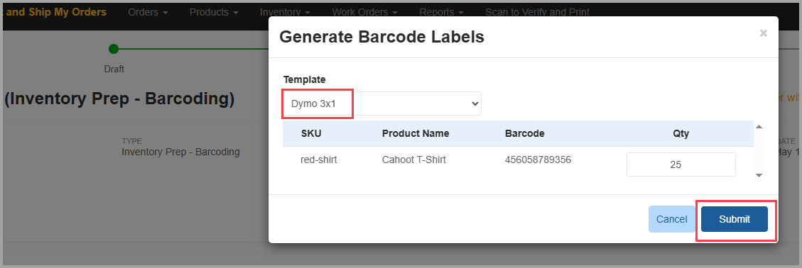 Choose template and submit to generate barcode labels