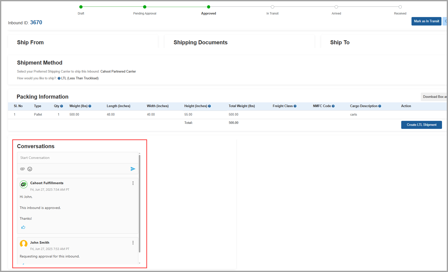 Conversations panel location on inbound page