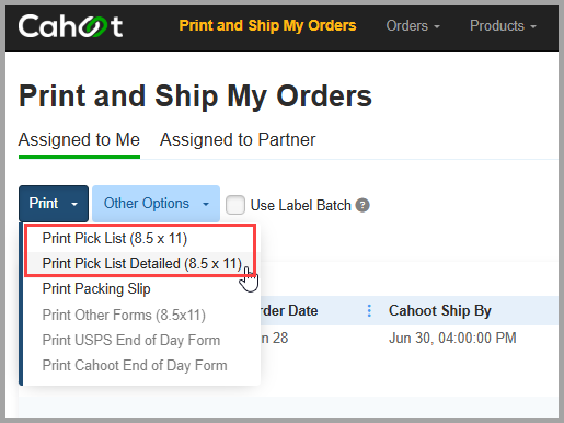 Print pick list option