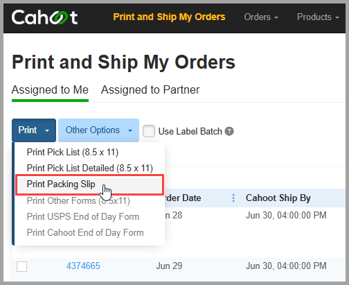 Print packing slip option