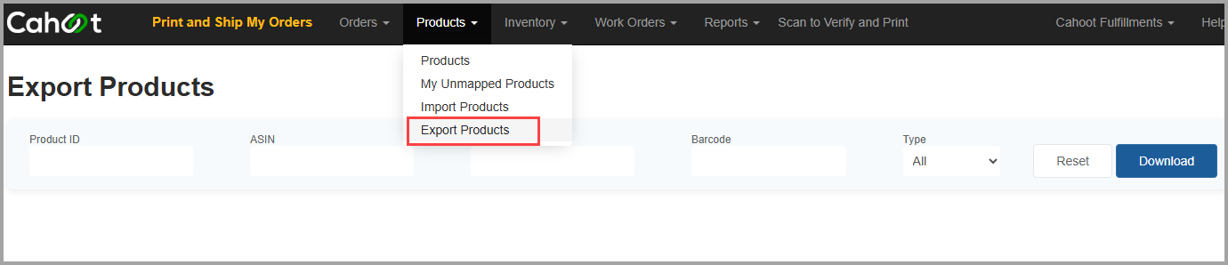 Export Products page