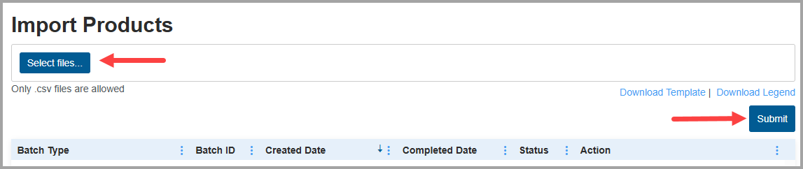 Import Products interface