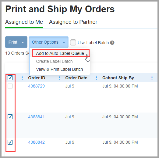 Auto-Label Queue Print and Ship Orders Page