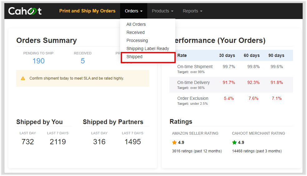 Orders shipped navigation