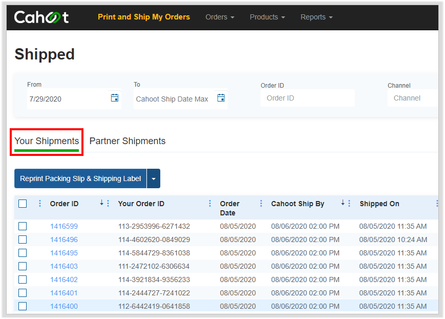 Your Shipments tab
