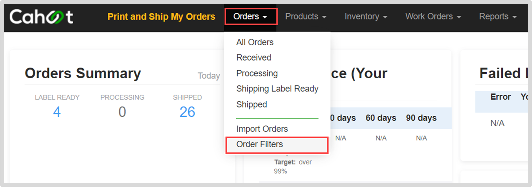 Orders Menu Navigation