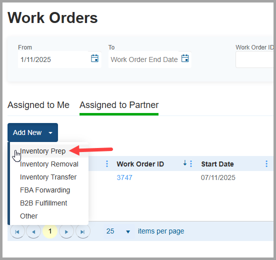 Add New Inventory Prep dropdown