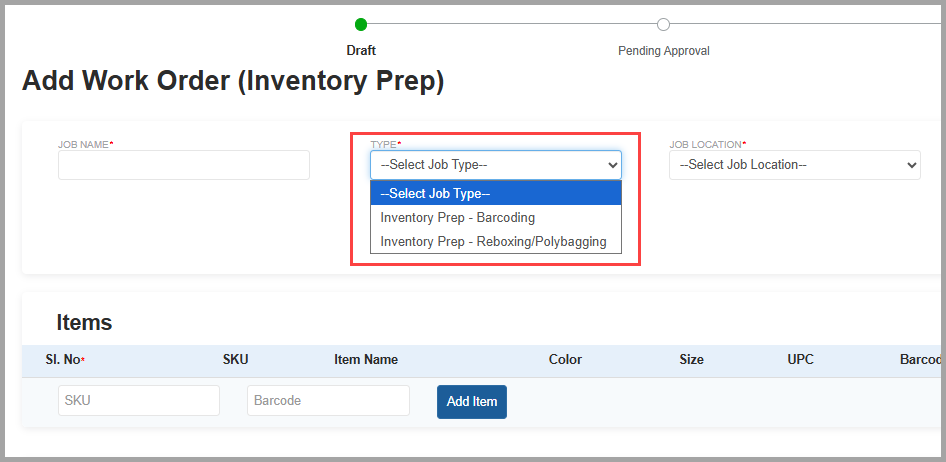 Inventory Prep type selection dropdown
