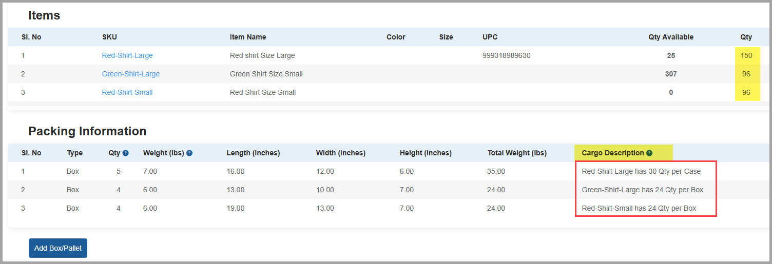 Cargo Information example showing SKU quantities per box