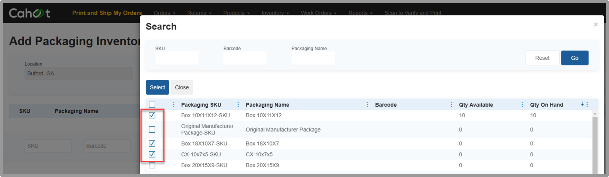 Packaging Receipt transaction type selection
