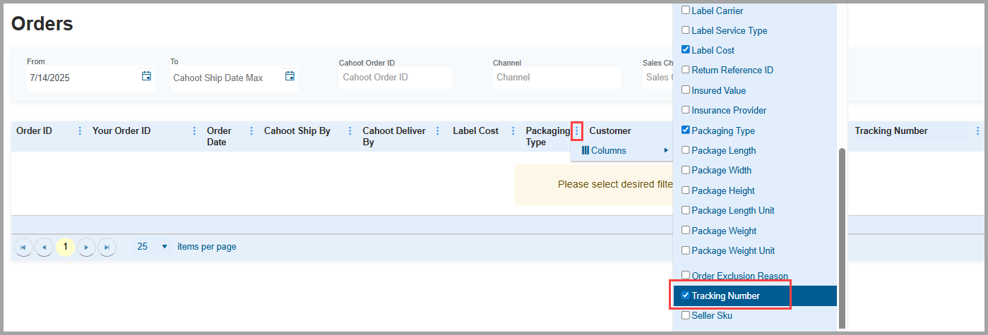 Orders tracking interface