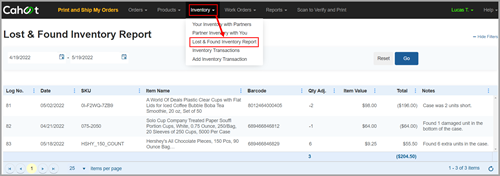 Lost and Found Inventory Report navigation