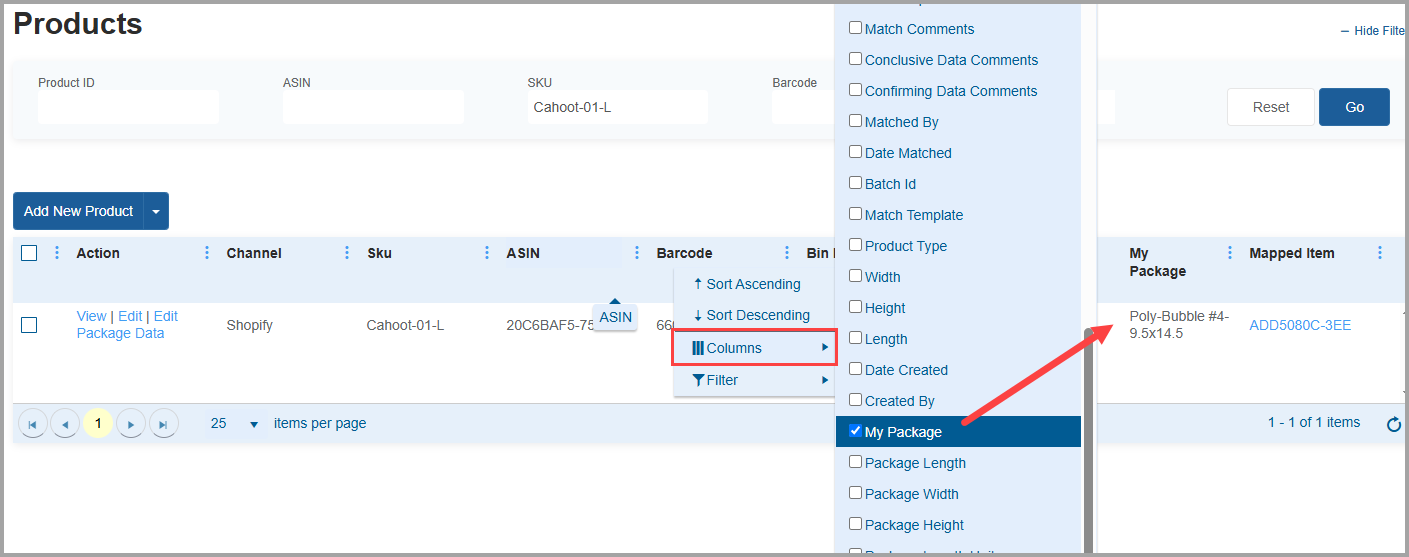 Package columns selection