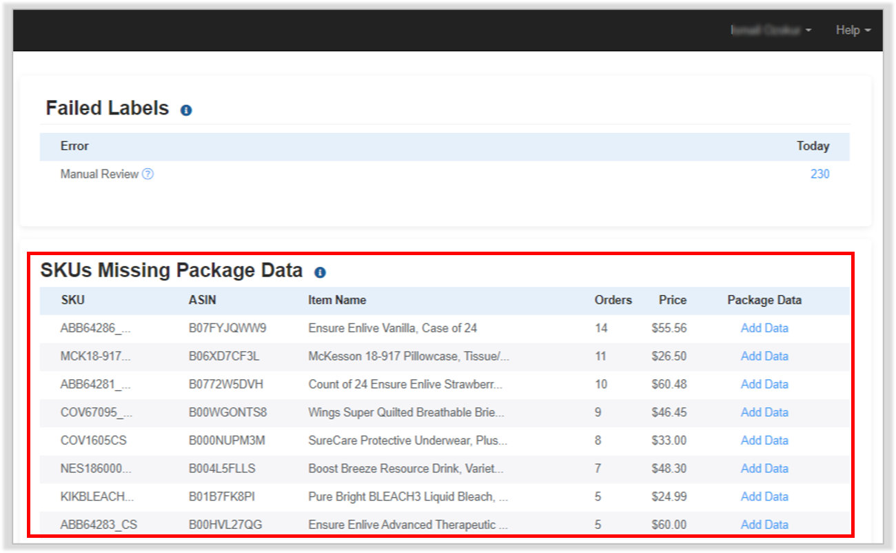 SKUs Missing Package Data section