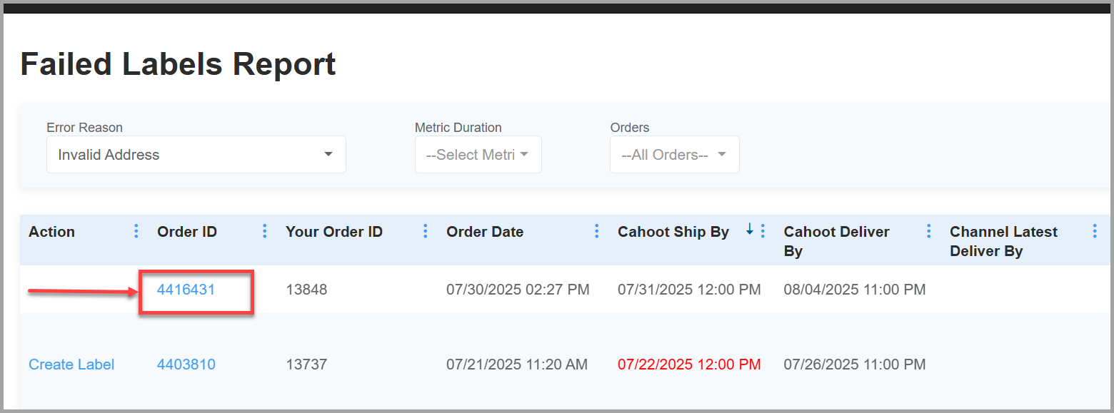Order ID link in the failed labels list