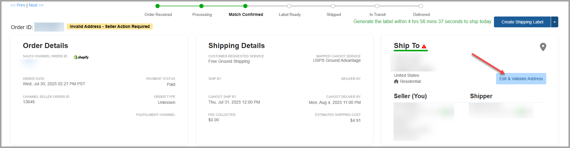 Edit and Validate Address button on order details page