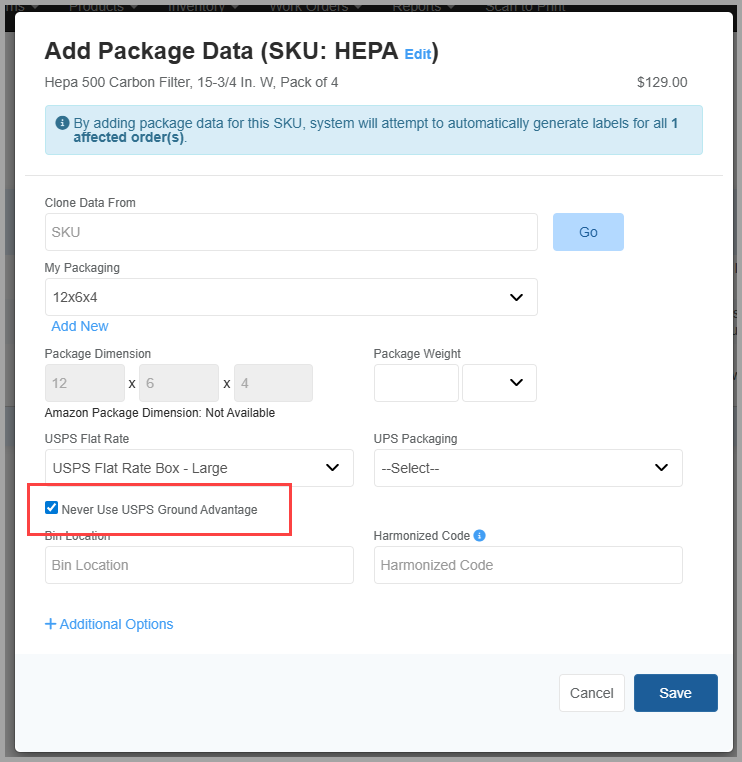 select the never use USPS Ground Advantage checkbox