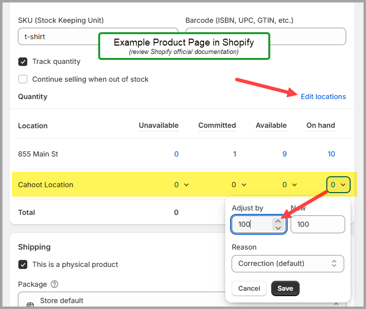 Shopify product inventory page showing Cahoot location added