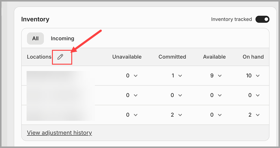 Shopify inventory management showing quantities at Cahoot location