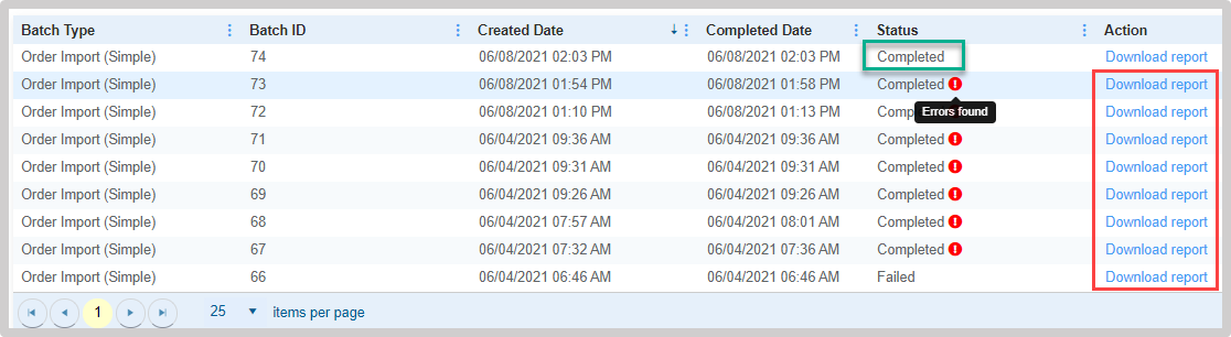 Import status and error report