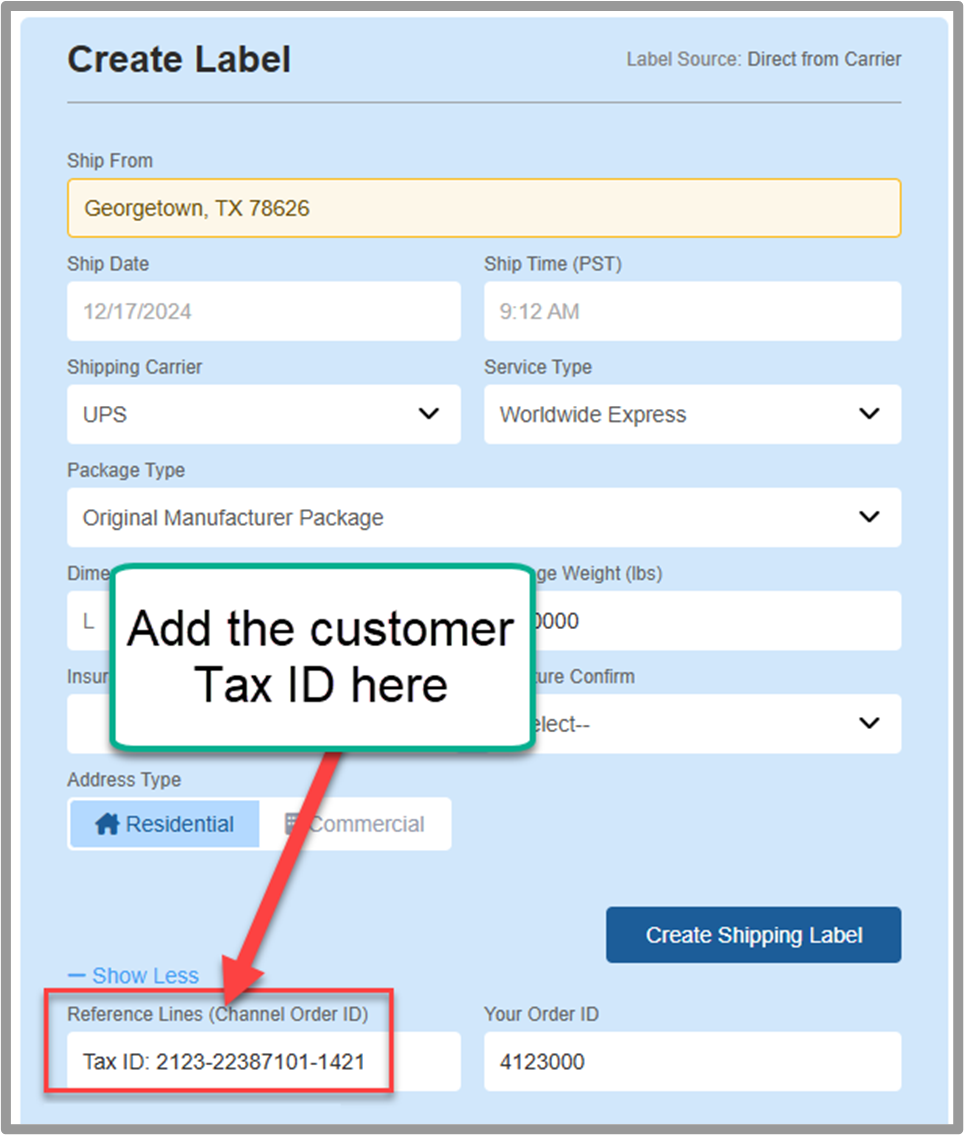 Consignee tax ID field