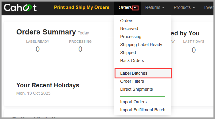 Orders menu navigation