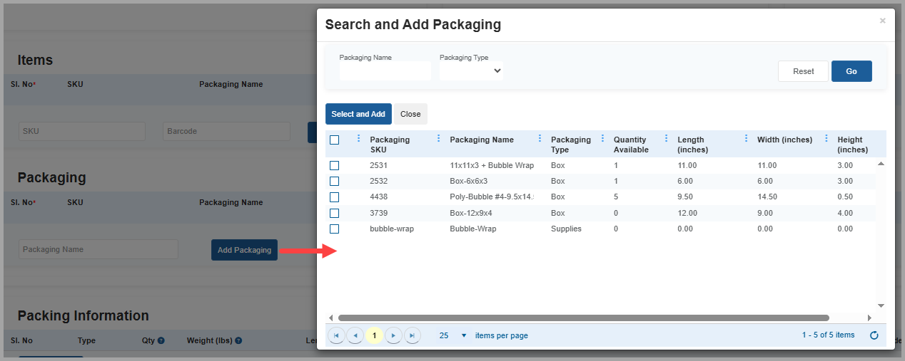 Add packaging modal