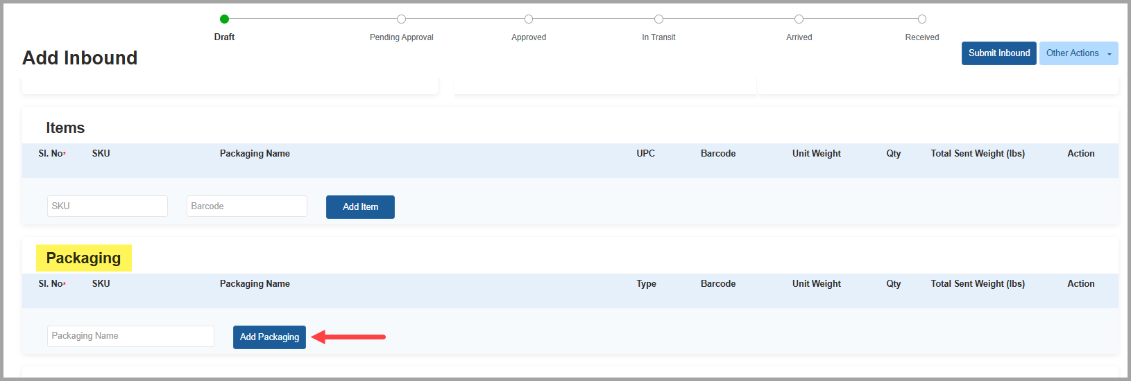 Packaging section in inbound