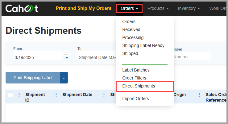 Orders menu with Direct Shipments option