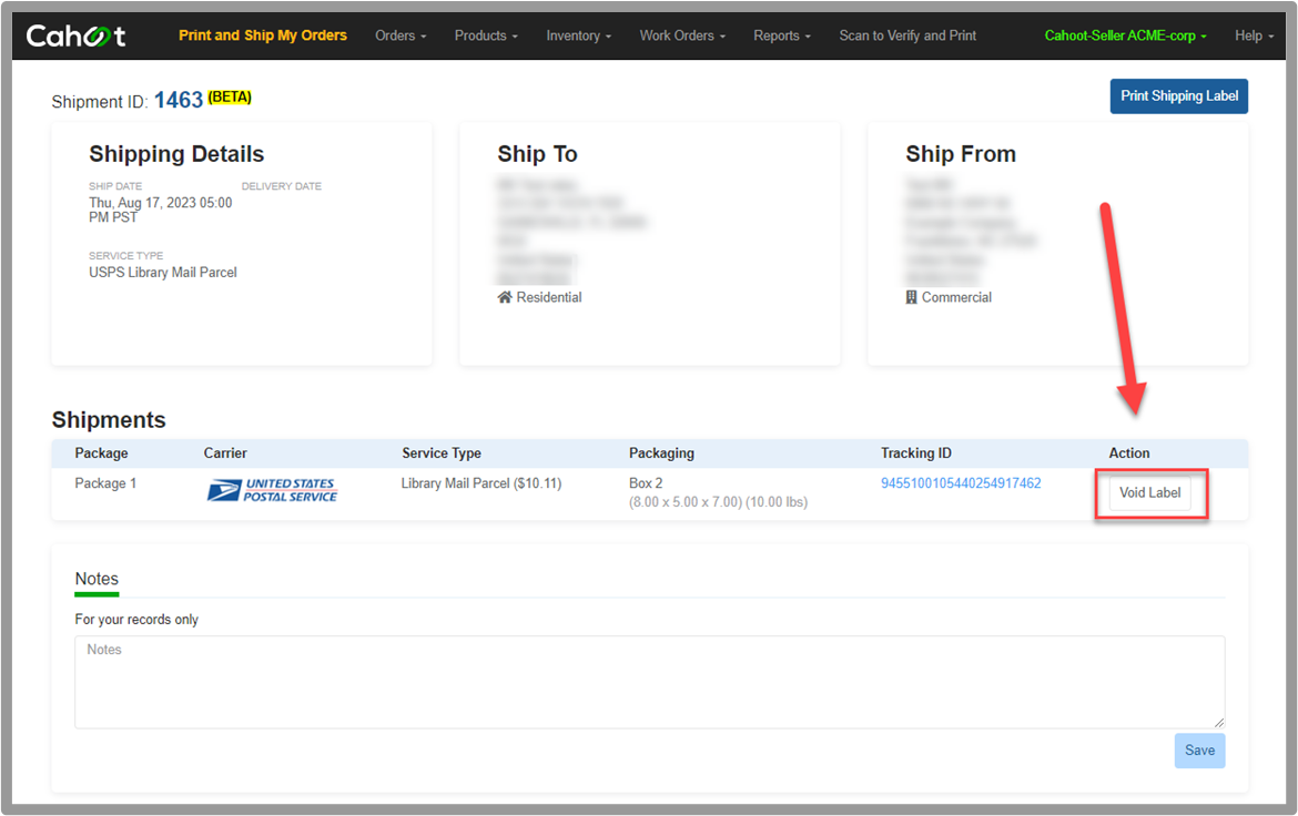 Void Label button on shipment details page