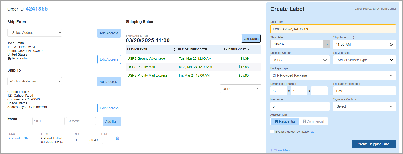 Return label creation page with populated order information
