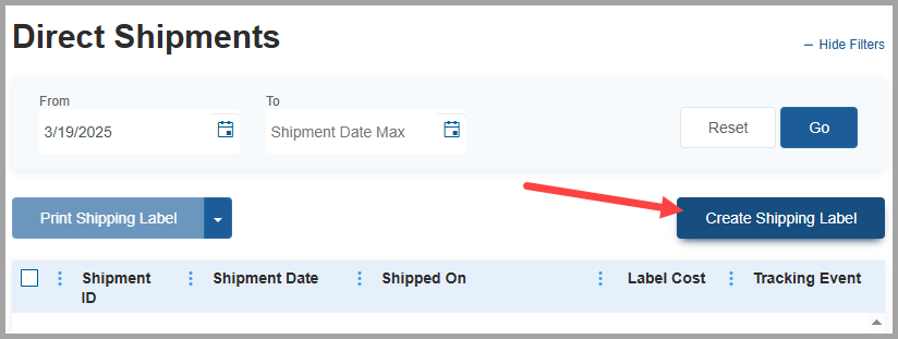 Direct Shipments page with Create Shipping Label button