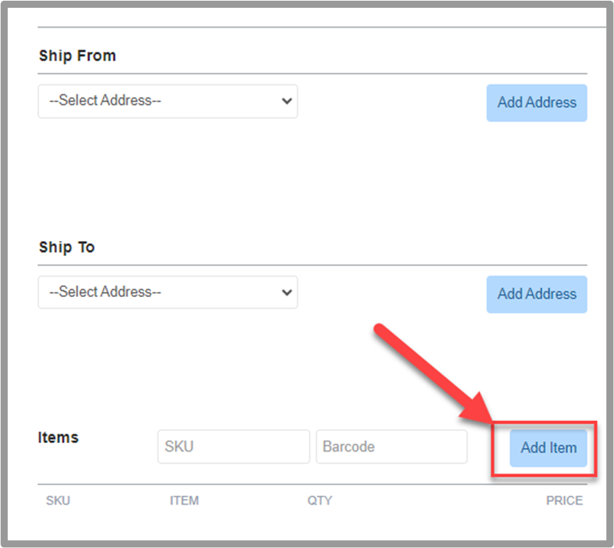 Items section for adding SKUs
