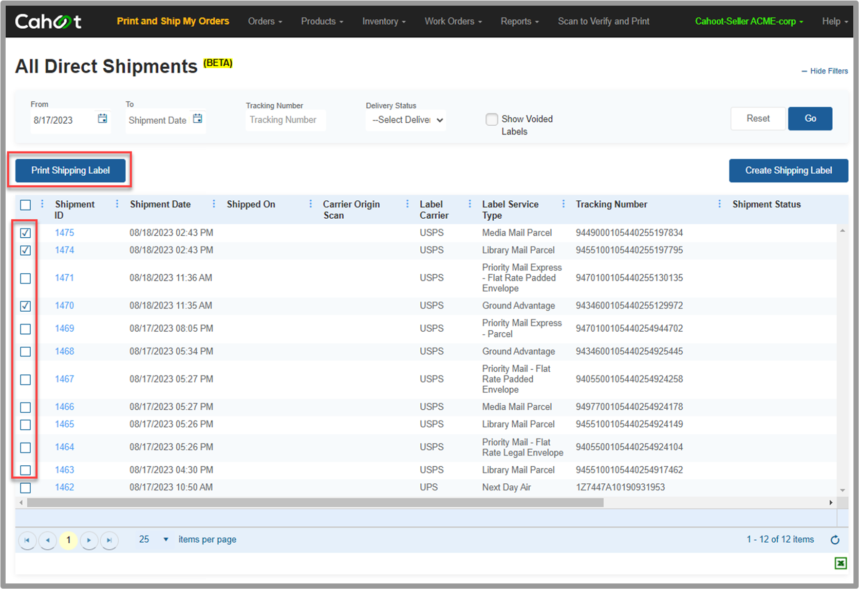 Direct Shipments grid with print options