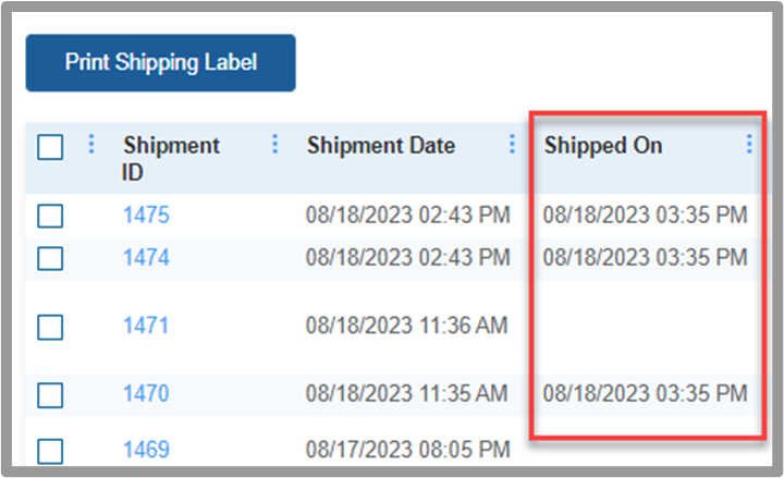 Shipped labels with timestamp