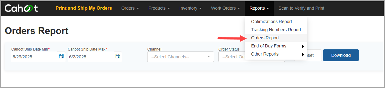 Orders Report navigation