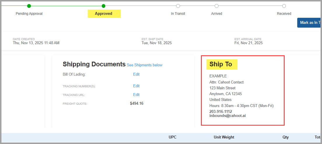 Assigned Ship To Location on Inbound Page