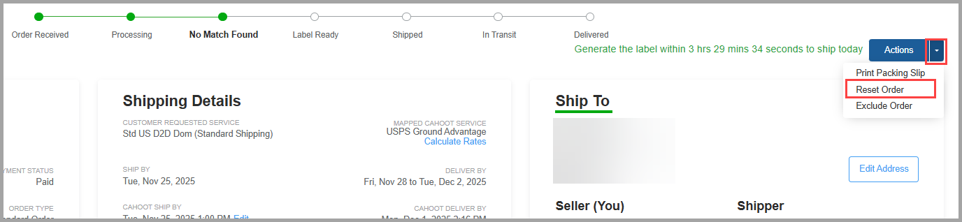 Reset Order dropdown menu