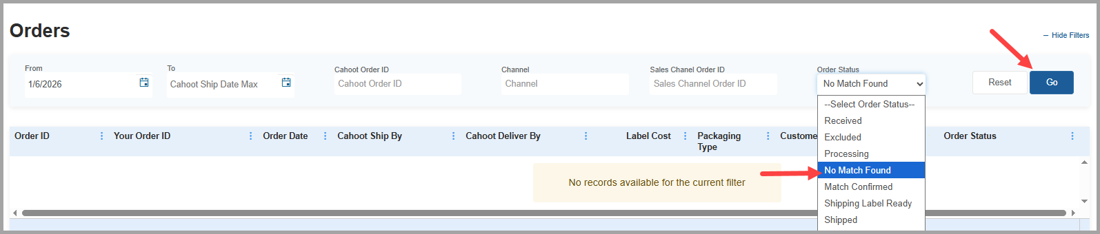 filter for no match found orders