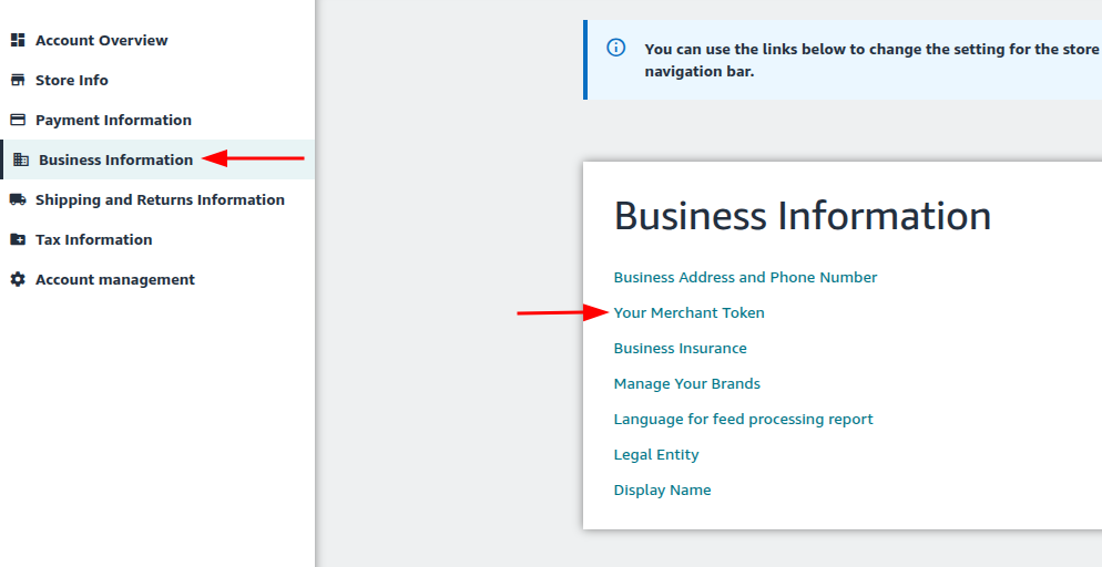 Amazon Account Info page with Your Merchant Token link highlighted