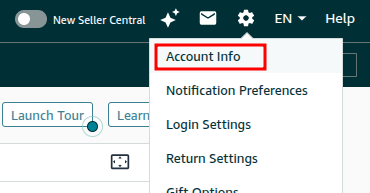 Amazon Seller Central settings menu showing Account Info option