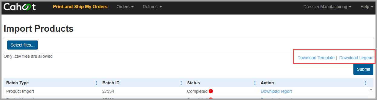 Import Products page showing Download Template and Download Legend links