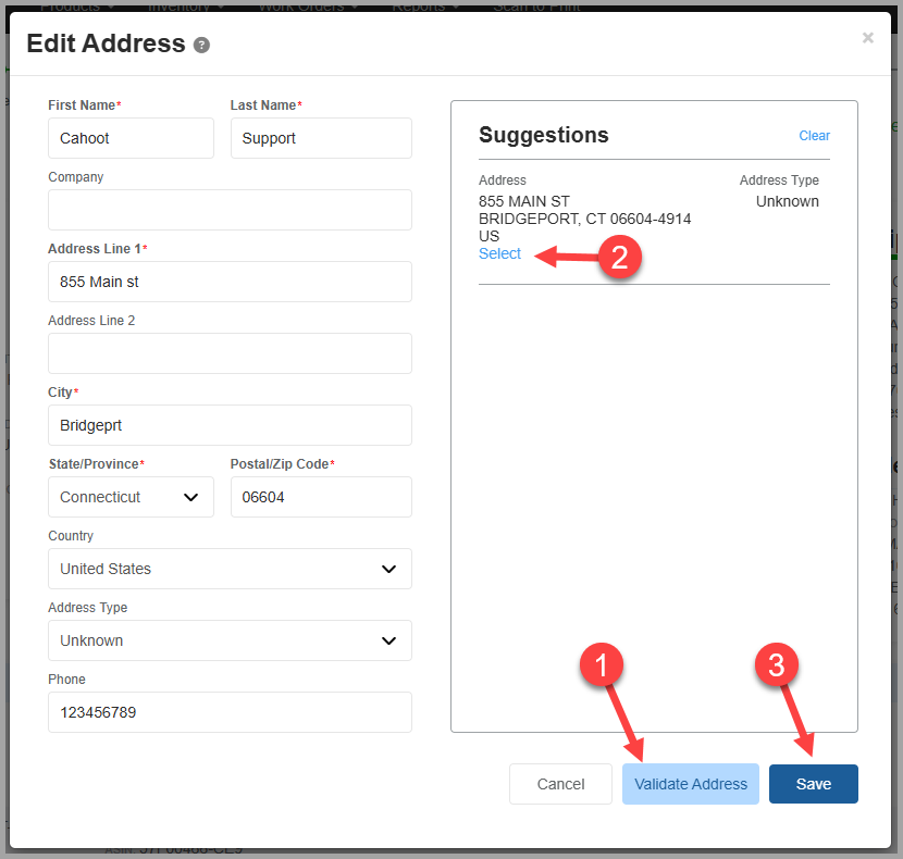 Address validation suggestions with Save button