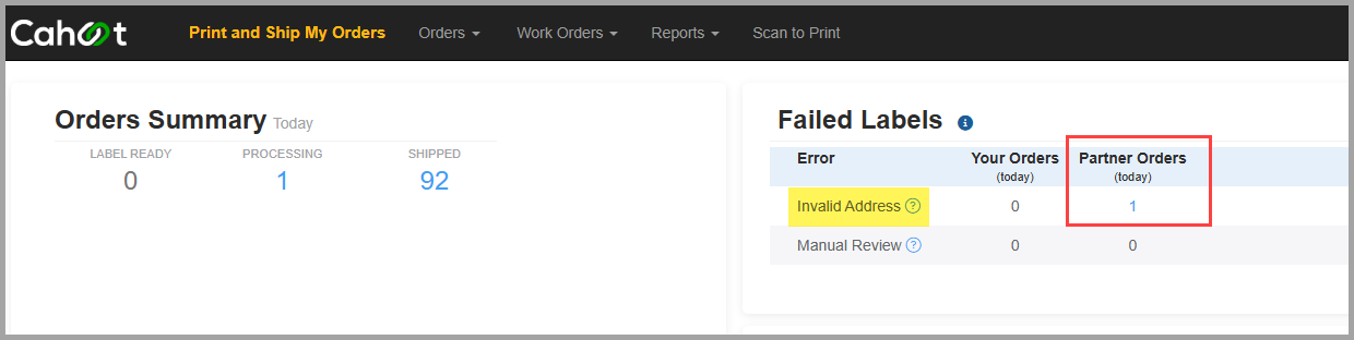 Failed Labels Dashboard showing Invalid Address count under Partner Orders