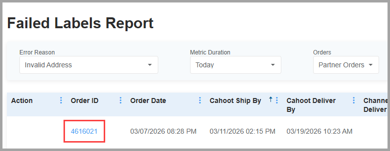 Order ID link in the failed labels list