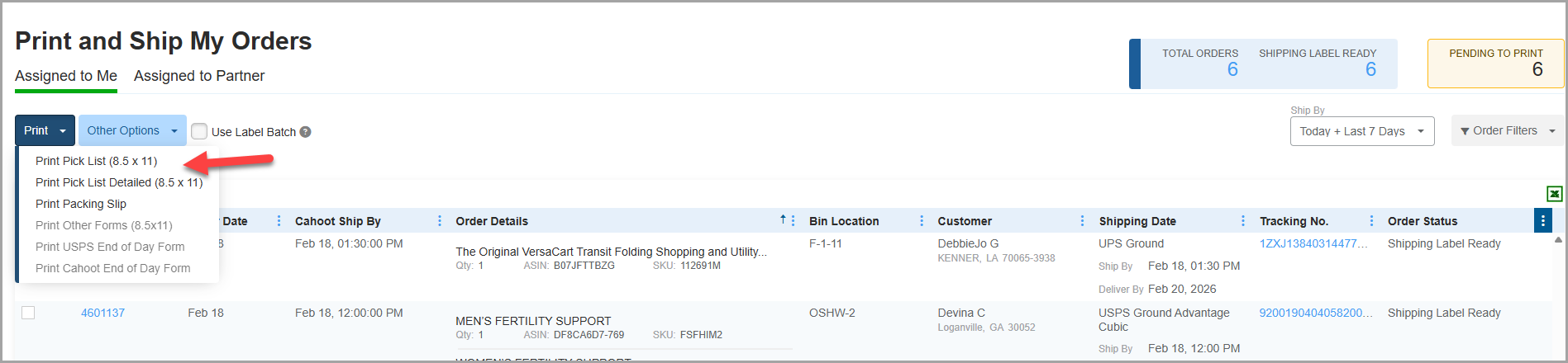 Print and Ship My Orders page